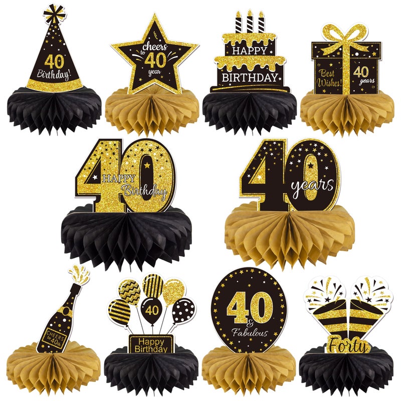 Gexolenu 10pcs 40th Birthday Decorations Honeycomb Centerpieces, Gold & Black, for 40 Fabulous Birthday Party - Image 1